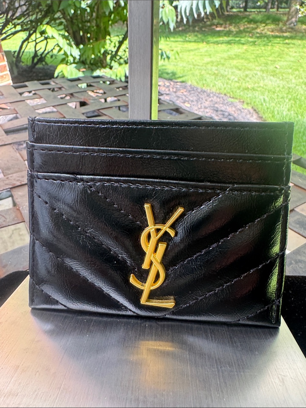 Card holder  Black Quilted Leather Card Holder with Gold Emblem